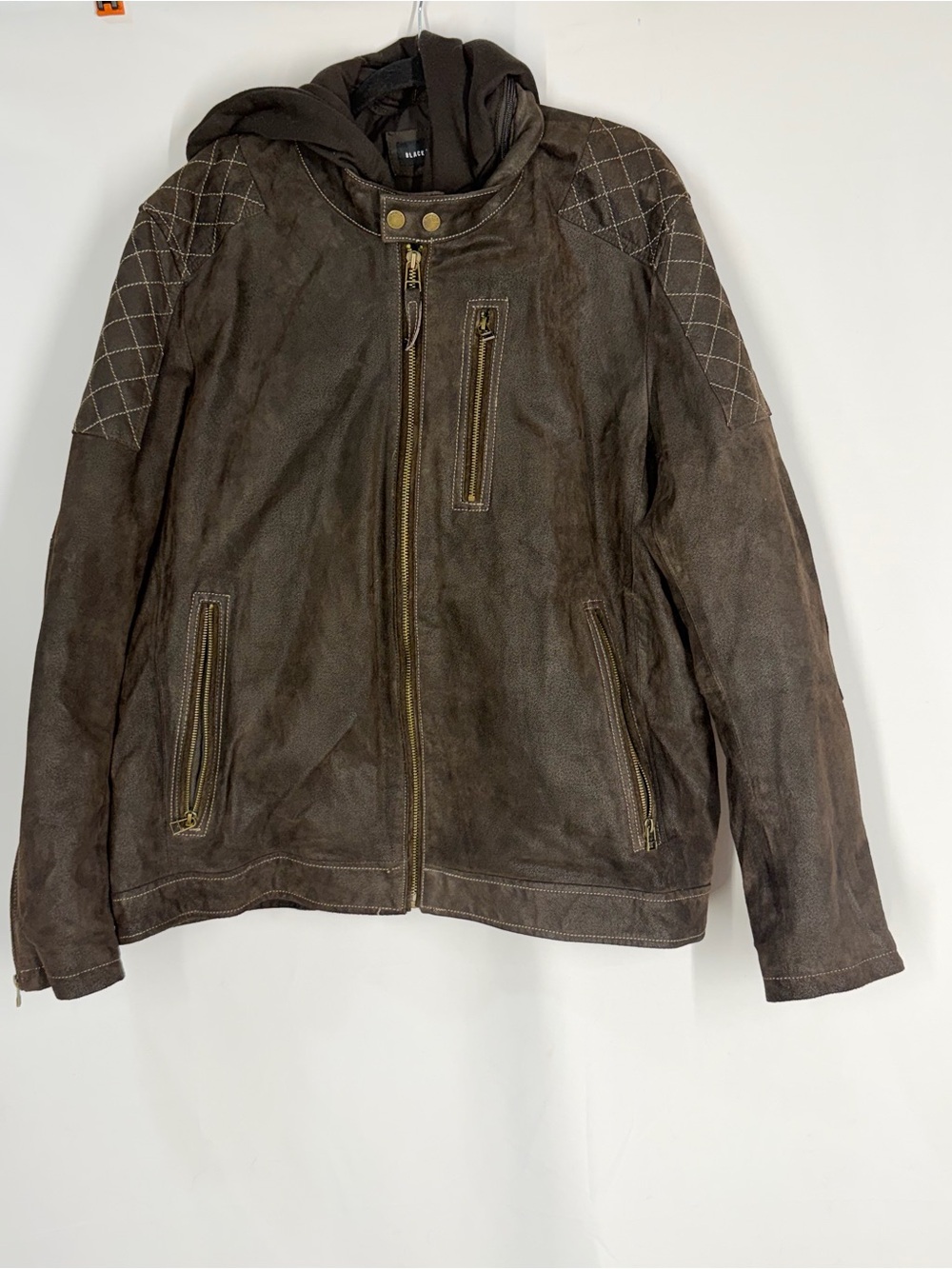 Black Rivet Brown Quilted-Shoulder Bomber Jacket with Hood - Picture 2 of 12